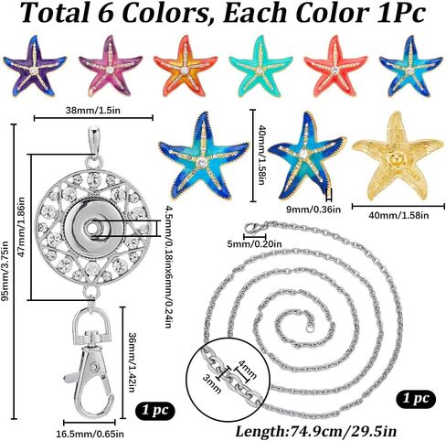 SUNNYCLUE 1 Box 6 Style ID Badge Lanyard Cute Women Badge Holder Enamel Starfish Fancy Snap Button Lanyard Necklace Breakaway Teacher Name Tag Lanyards Stainless Steel Lanyard Chain for Badge Holders in Saudi Arabia