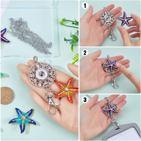 SUNNYCLUE 1 Box 6 Style ID Badge Lanyard Cute Women Badge Holder Enamel Starfish Fancy Snap Button Lanyard Necklace Breakaway Teacher Name Tag Lanyards Stainless Steel Lanyard Chain for Badge Holders in Saudi Arabia