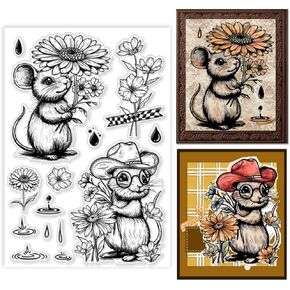 PH PandaHall Mouse Sunflower Clear Stamp, Cute Mouse Hat Silicone Stamp Rain Transparent Rubber Stamp Seal Stamp for Invitation Card Making Decoration, Journal, Postcard, DIY Scrapbooking, Gift Tags