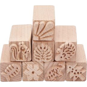 OLYCRAFT 8PCS Wood Pottery Tools Stamps Square Wooden Stamps Natural Wood Stamps with Mixed Patterns for Clay Valentine's Day Easter Gift 2"x0.7"
