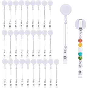30 Pcs Beadable Badge Reel Retractable, DIY Blank Badge Reel Kit with Bar for Beads Bulk ID Name, Badge Holder Reel with Belt Clip Beadable Items Gift for Nurse Teacher Office Supplies, White