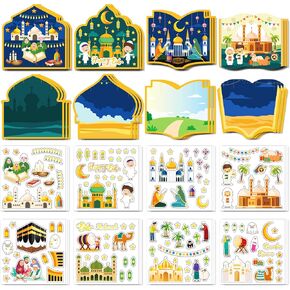 Jremreo Eid Mubarak and Ramadan Kareem Craft Kit - 48 PCS DIY Mosque Scene Stickers for Kids, Create Your Own Religious Label Decal, Ornament for Eid Al-fitr Party