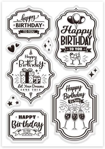 GLOBLELAND Birthday Vintage Labels Clear Stamp for Card Making, Birthday Party Greetings Tags, Silicone Clear Stamp Seal, DIY Scrapbooking Journal Album Decor in Kuwait