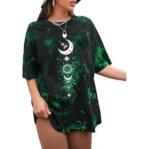Remidoo Women's Casual Crewneck Short Sleeve Sun and Moon Print Tie Dye Oversized Graphic Top T-Shirt