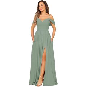 Women's Cold Shoulder Chiffon Bridesmaid Dresses with Slit Long Pleated A-line Formal Party Dress with Pockets RO044