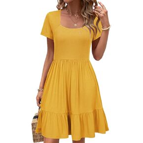 Newshows Womens 2024 Summer Dress Short Sleeve Square Neck Dresses Casual Beach Vacation A-Line Ruffle Sundress with Pockets