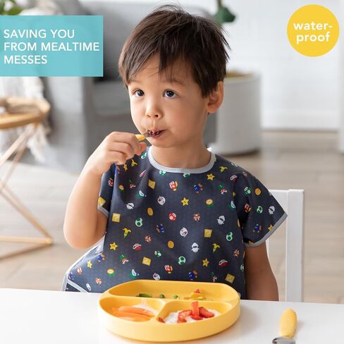 Bumkins Short Sleeve Bib for Girl or Boy, Toddler and Kids for 1-3 Years, Large Size, Essential Must Have for Junior Children, Eating, Mess Saving Soft Fabric Apron for Play, Charcoal Check in Saudi Arabia