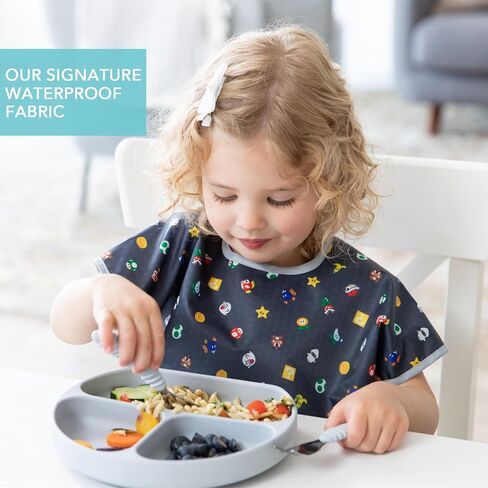 Bumkins Short Sleeve Bib for Girl or Boy, Toddler and Kids for 1-3 Years, Large Size, Essential Must Have for Junior Children, Eating, Mess Saving Soft Fabric Apron for Play, Charcoal Check in Saudi Arabia