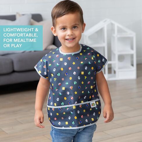 Bumkins Short Sleeve Bib for Girl or Boy, Toddler and Kids for 1-3 Years, Large Size, Essential Must Have for Junior Children, Eating, Mess Saving Soft Fabric Apron for Play, Charcoal Check in Saudi Arabia