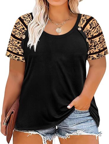 TIYOMI بلوزات حجم كبير للنساء الجولة الرقبة ساحة الرقبة تي شيرت الصيف عادية كم قصير تونك البلوزات XL-5XL in Kuwait