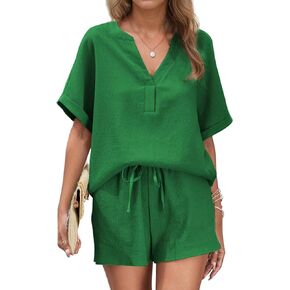 Andeip Lounge Pajama Sets for Women 2 Piece Shorts Summer Oversized Comfy Crepe Texture Pj Sets Loungewear with Pocket