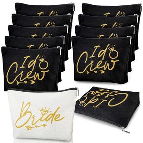 11 Pieces Wedding Makeup Bags Bridal Shower Cosmetic Bag Bachelorette Party Canvas Makeup Bags Bride I Do Crew Bridesmaid Proposal Gifts for Women (White, Black)