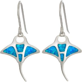 925 Sterling Silver Hawaiian Manta Ray Opal Koa Wood Larimar Gemstone Dangle Hook Earrings, Nickle Free Hypoallergenic for Sensitive Skin, Gift Box Included