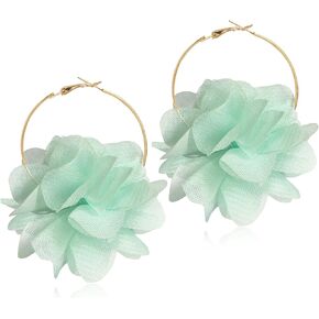 DAMLENG Lightweight Bohemian Big Fabric Flowers Dangle Drop Earrings Handmade Charm Chic Petal Hoop Earrings with Chiffon Floral Tassel for Women Girls Vacation Wedding