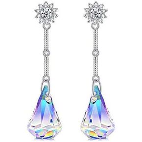 Savlano 14k White Gold Plated Aurora Borealis Austrian Rainbow Multicolor Crystal Tear Drop Cut Stud Dangle Earrings For Women, Girls & Men
