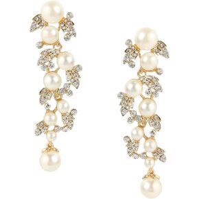 EVER FAITH Women's Austrian Crystal Simulated Pearl Bridal Leaf Dangle Earrings