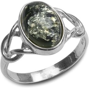 Green Amber Sterling Silver Oval Celtic Ring