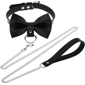 FM FM42 Multicolor PU Simulated Leather Bow Knot O-Ring Adjustable Collar Choker Necklace with Detachable Chain Leash