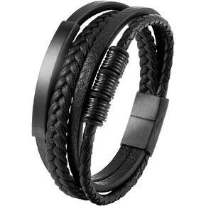 Genuine Leather Bracelet for Men Stainless Steel Charm Magnetic Clasp Classic Multi-layer Mens Bracelet Gift for men Length 8.26 inch