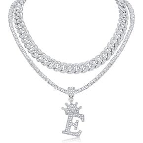 Honsny Cuban Link Chain For Women Men Silver Crown Initial Pendant Necklace Iced Out Miami Bling Diamond Tennis Chain Necklaces A-Z Letter Pendant Rapper Hip Hop Jewelry