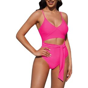 Pink Queen Women's One Piece Wrap V Neck Cutout Tie Knot High Cut Tummy Control Swimsuit Monokini
