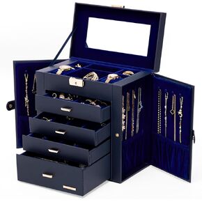 Homde Synthetic Leather Huge Jewelry Box Mirrored Watch Organizer Necklace Ring Earring Storage Lockable Gift Case (Black)