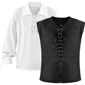 Hercicy 2 Pcs Halloween Costume Mens Pirate Vest shirt Medieval Renaissance Vest Steampunk Lace up Gothic Waistcoat Outfit
