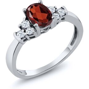 Gem Stone King 925 Sterling Silver Oval Red Garnet and White Topaz Jewelry Ring For Women (0.79 Cttw, Gemstone Birthstone, Available In Size 5, 6, 7, 8, 9)