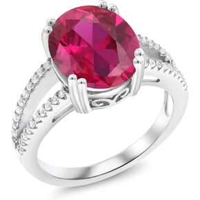 Gem Stone King 925 Sterling Silver Red Created Ruby Ring For Women (5.48 Cttw, Oval 12X10MM, Gemstone July Birthstone, Available In Size 5, 6, 7, 8, 9)