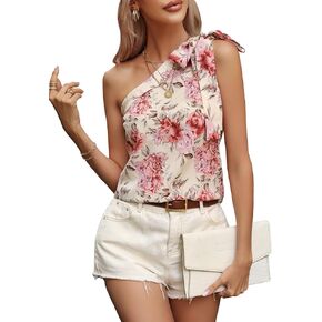MakeMeChic Women's Floral Print One Shoulder Blouse Shirts Casual Knot Sleeveless Blouse Tops