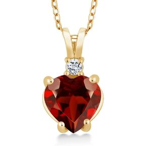 Gem Stone King 14K Yellow Gold Red Garnet and White Topaz Pendant Necklace For Women (2.08 Cttw, Gemstone Birthstone, Heart Shape 8MM, With 18 Inch Chain)