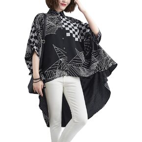 ellazhu Women's Asymmetrical Button-Up High-Low Short-Sleeve Batwing Top Oversized Shirt Blouse GA2305 A
