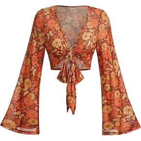 Verdusa Women's 70s Tops Tie Front Bell Long Sleeve Floral Print Mesh Sheer Blouse Crop Tops