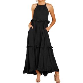 R.Vivimos Womens Summer Dress Cotton Sleeveless Halter Layered Ruffles Casual Boho Flowy Maxi Dress