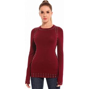 AmélieBoutik Women Crew Neck Studs Trim Embellished Long Sleeve Sweater