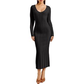 Women Long Sleeve Wrap Sweater Dress V Neck Ribbed Knit Bodycon Maxi Dresses for 2023 Fall