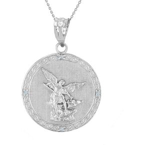 .925 Sterling Silver Saint Michael The Archangel Cubic Zirconia Medal Pendant - Choice of Length