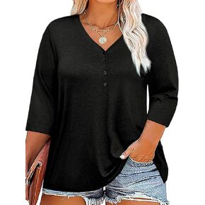 Tankaneo Women Plus Size Tops V Neck 3/4 Sleeve Casual Tshirts Loose Basic Tunic Tees