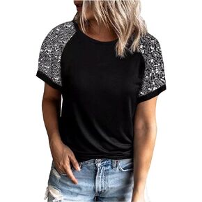 Women Sequined Splicing Short Sleeve T-Shirt Fashion Sparkle Sequin Party Tops Glitter Summer Beach Vacation Tee Shirt