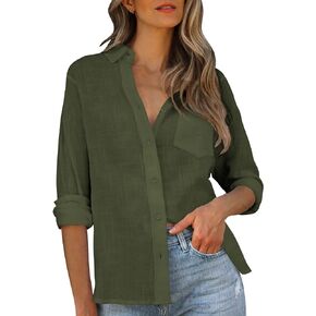 Runcati Womens V Neck Button Down Shirt Cotton Linen Long Sleeve Casual Blouse Loose Fit Tops