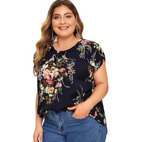 Floerns Women's Plus Size Floral Print Short Sleeve Summer Blouse Top Shirt