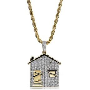 JINAO Hip Hop Trap House Pendant Iced Out Simulated Diamond Necklace with Rope Chain for Men