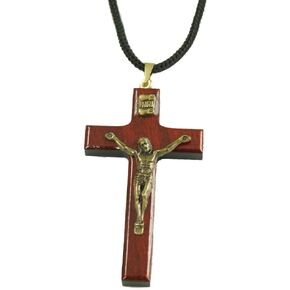 Catholica Shop I Catholic Religious Wear I Handcrafted Cherry Wood Cross Crucifix Necklace I Crucifix Cross Pendant for Men and Women I Made in Brazil - 2.4 Inches