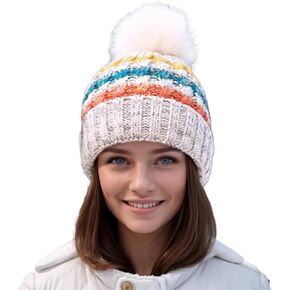 TIFVGEV Womens Winter Beanie Hat Fleece Lined Faux Fur Pom Pom Knit Hat Wooly Cap