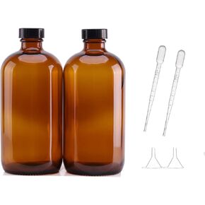 CYOIDAI 16oz Amber Glass Bottles with Reusable Pipette,funnel and Lids (2 Pack),Refillable Brown Boston,Dispensing Bottles for Homemade Vanilla Extract, Essential Oils, plant,kitchen