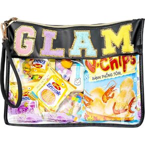 DILIBRA Oversized Chenille Letter Preppy Stuff Bag, Multi-purpose Clear Makeup Pouch Toiletry Bag with Zipper, Large Capacity Travel Cosmetic Bag Purse for Women Girls