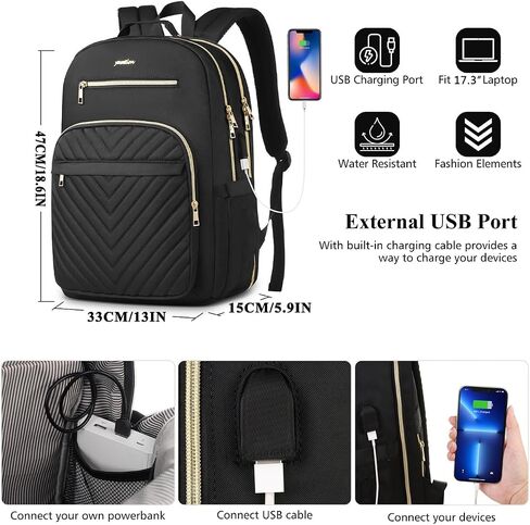 YAMTION حقيبة ظهر للكمبيوتر المحمول للنساء، حقيبة ظهر للنساء بمنفذ USB للعمل والمكتب وطلاب الكلية، أسود، 17.3 بوصة in Kuwait