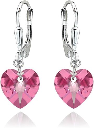 Crystal Earrings for Women Sterling Silver Heart Dangle Leverback Earrings Made with European Crystals - Dangle Earrings for Women Girls in Saudi Arabia