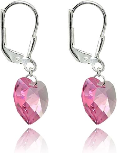 Crystal Earrings for Women Sterling Silver Heart Dangle Leverback Earrings Made with European Crystals - Dangle Earrings for Women Girls in Saudi Arabia