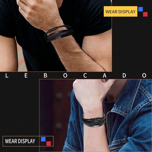 Genuine Leather Bracelet for Men Stainless Steel Charm Magnetic Clasp Classic Multi-layer Mens Bracelet Gift for men Length 8.26 inch in Saudi Arabia